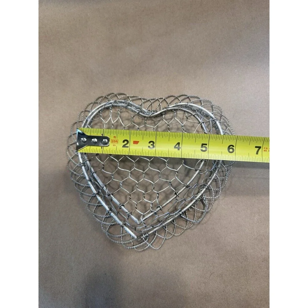 Heart Shaped Silver Metal Wire Decorative Basket with Handles, 7 in